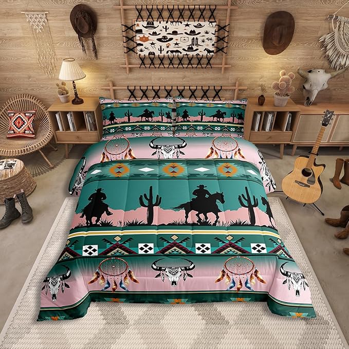 Erosebridal Western Comforter Set Twin Size, Longhorn Skull Dream Catcher Boho Bedding Set for Kids Boys Teens Adult Bedroom, Cowboy Horse Aztec Quilt Southwestern Geometric Duvet Insert, Green