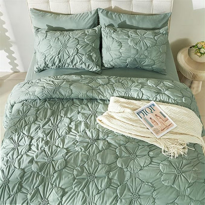 Cmfshape Green Pinch Pleat Comforter Set King Size-7 Pieces Bedding Comforter Bed in A Bag-Lightweight Microfiber Bedding Set with Comforter,Fitted Sheet,Flat Sheet and Pillow Shams-104 x90
