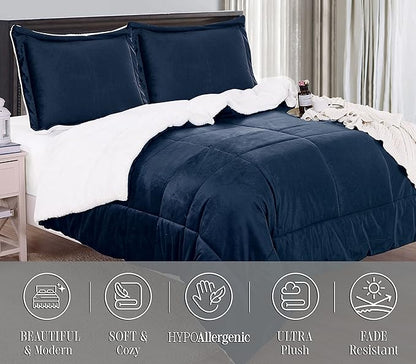 Elegant Comfort Super Soft Sherpa Comforter 2-Piece Set Premium Quality, Heavy Weight Reversible Down Alternative Micro-Suede, Sherpa Comforter, Twin XL, Midnight Navy