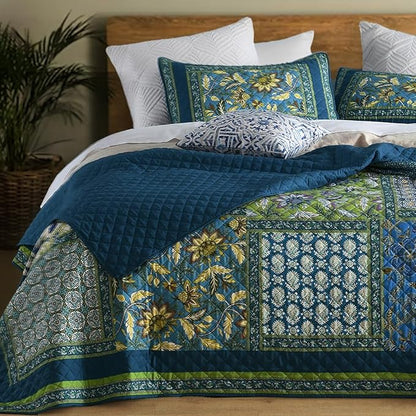 King Quilt Set for Bed - 100% Cotton Quilts Patchwork Comforter Coverlet Bedspread Reversible 90"x104" with 2 Pillow Shams
