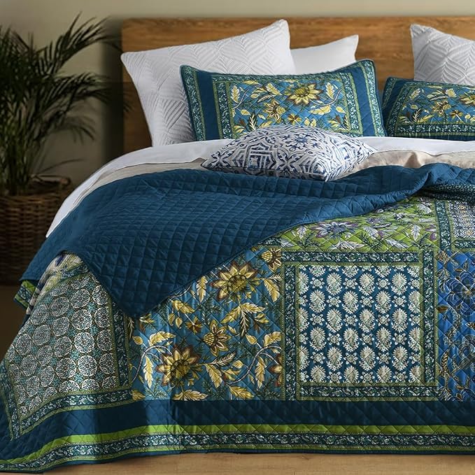 Queen Quilt Set for Bed - 100% Cotton Quilts Patchwork Comforter Coverlet Bedspread Reversible 90"x90" with 2 Pillow Shams