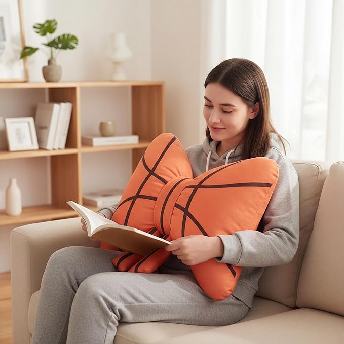 Pinkunn Basketball Bow Pillow Plush, 15'' Orange Bow Shaped Throw Pillow, Fluffy Soft Decorative Sports Basketball Cushion Valentines Gift for Women Men Players Sport Enthusiast Home Sofa Couch Decor