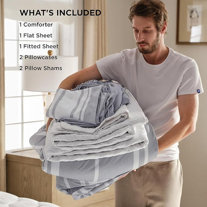 Bedsure California King Comforter Set 7 Pieces, Grey Striped Bedding Set for All Seasons, Reversible, Cationic Dyeing Bed in a Bag with Comforter, Sheets, Pillowcases & Shams