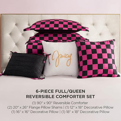 Juicy Couture Reversible Checkerboard Comforter Set 6-Piece Full/Queen Set, Black/Hot Pink