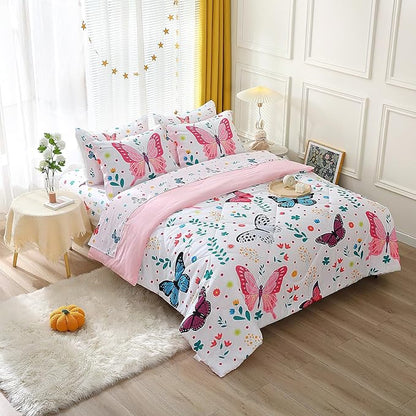 Girls Butterfly Comforter Set Full Size 7 Piece Bed in A Bag Colorful Flowers Leaves Bedding Set for Kids Teens Super Soft All Season