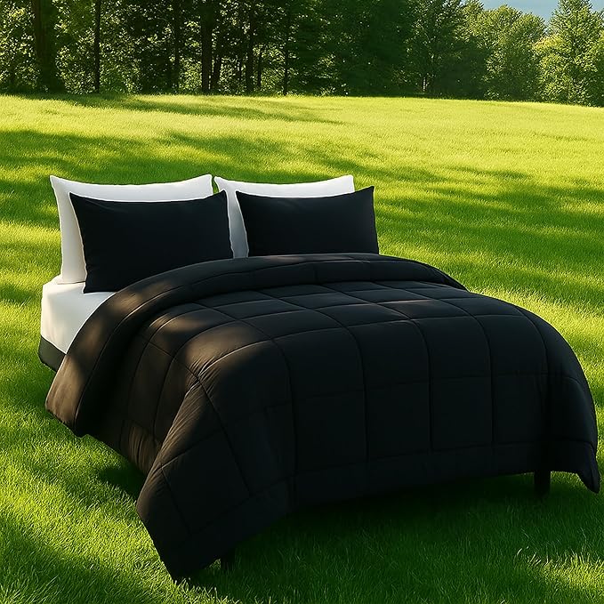 DOWNCOOL Queen Comforter Set -All Season Queen Bed Set with 2 Pillow Cases-3 Pieces Bedding Sets Queen -Down Alternative Black Queen Size Comforter Sets(88"x92")