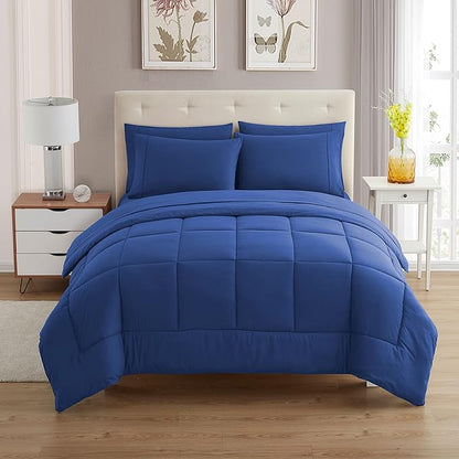 Sweet Home Collection 7 Piece Comforter Set Bag Solid Color All Season Soft Down Alternative Blanket & Luxurious Microfiber Bed Sheets, Royal Blue, Full