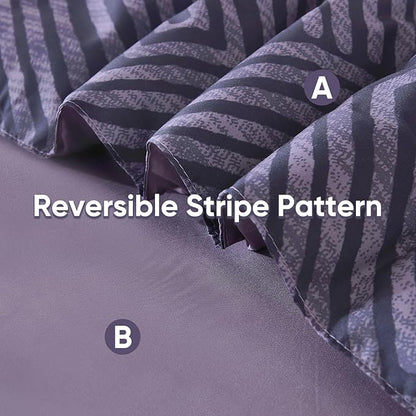Drucon Purple Comforter Set King Size 7 Piece Bed in a Bag, Boho Striped Bedding Set, Soft Microfiber Comforter and Sheet Set for All Season (King, 104"x90")