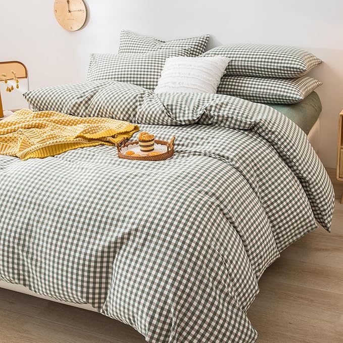 mixinni Green Gingham Comforter Set California King, Plaid Comforter Set 3 Pieces 1 Green Grid Comfoter with 2 Pillow Cases for All Seasons, Soft Fluffy Modern Grid Pattern Printed Bedding