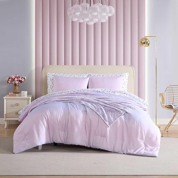 Betsey Johnson - Comforter Set, Super Soft Bedding with Matching Sham & Sheets, Includes Bonus Pillowcase & Reversible Plush Throw (Ombre Purple, Queen)