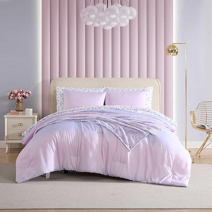 Betsey Johnson - Twin Comforter Set, Bonus Bedding Set with Matching Sham, Pillowcase & Reversible Plush Throw, Dorm Essentials (Ombre Purple)