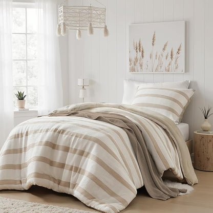 Madison Park Essentials Striped Comforter Set Twin Size, Yarn-Dyed Reversible Comforter with Minimalist Stripes, Crinkled Texture Bedding Set for All-Season Lightweight Warmth, Merritt Taupe