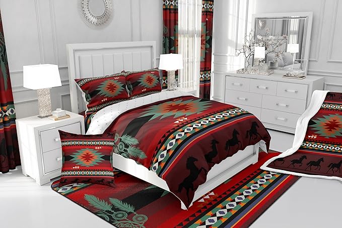 Feelyou Red Black Western Comforter Set Southwestern Aztec Toddler Size Bedding Set for Kids Boys Girls Western Horse Comforter Soft Microfiber Boho Geometric Bedroom Decor