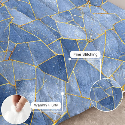 Geometri Marble Comforter Set Full Size Gold Glitter Lines Bedding Set Marbled Geometry Print Bed Set for Bedrom Decor Watercolor Dusty Blue Marbling Quilt Set with 1 Comforter + 2 Pillowcases