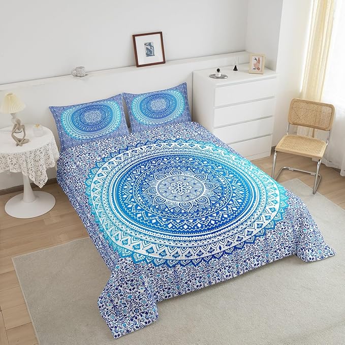 Mandala Boho Comforter Set Queen for Boys Kids Blue Psychedelic Room Decor Aesthetic Comforter Aldults Bedroom Indian Hippie Bedding Set 1 Comforter with 2 Pillow Cases,Lightweight Warm Soft