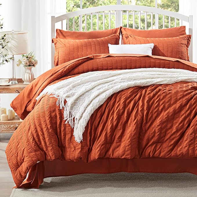 Zzlpp King Comforter Set 7 pieces, Burnt Orange Seersucker Bed in a Bag with Sheets, Lightweight Bedding Sets with 1 Comforter, 2 Pillow Shams, 2 Pillowcases, 1 Flat Sheet, 1 Fitted Sheet