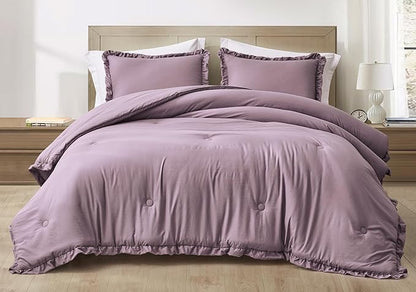 Chezmoi Collection Nora Mauve Comforter Set Queen Size 3-Piece Lightweight Fluffy Soft Stone-Washed Ruffled Shabby Chic Bedding for All Season