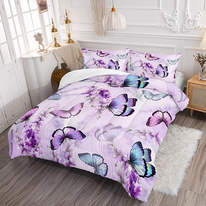 Lavender Butterfly Comforter Set for Girl Kid Adult Colorful Butterfly Pattern Bedding Set Aesthetics Butterflies Quilt Bed Set Full Size with 1 Comforter and 2 Pillowcases