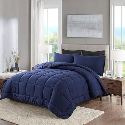 DOWNCOOL Queen Comforter Set -All Season Bedding Comforters Sets with 2 Pillow Cases -3 Pieces Bedding Sets Queen -Down Alternative Navy Comforter Set for Queen Size Bed(88"x92")
