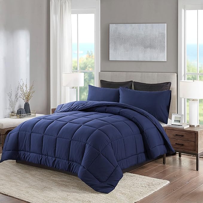 DOWNCOOL Blue Full Size Comforter Set - All Season Bedding with 2 Pillowcases - 3 Pieces - Down Alternative Comforter Set