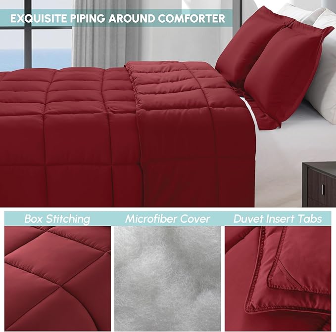 Elegant Comfort 3-Piece Box Stitched Down Alternative Comforter with Shams - Ultra Soft for All Season Duvet Insert with Corner Tabs, Plush Cozy 3PC Comforter Set, King, Burgundy