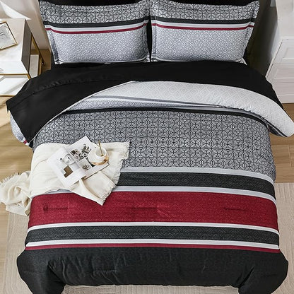 WONGS BEDDING 7 Pieces Comforter Set King Size, Black-red Striped Bed in a Bag Comforter and Sheet Set, Black Boho Soft Lightweight Micorfiber Bedding Set for All Season (90"×104")