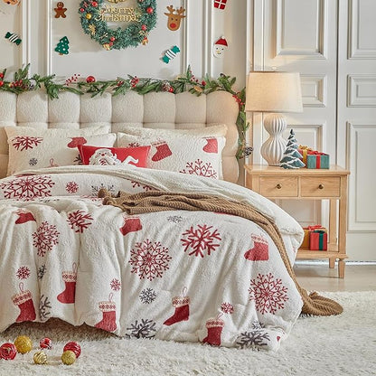 Christmas Sherpa Comforter Set King Size 3 Pieces Holiday Winter Bedding Microfiber Warm Fleece Comforter with 2 Pillow Shams - Thanksgiving New Year Gift Choice with Red Snowflake n Xmas Socks