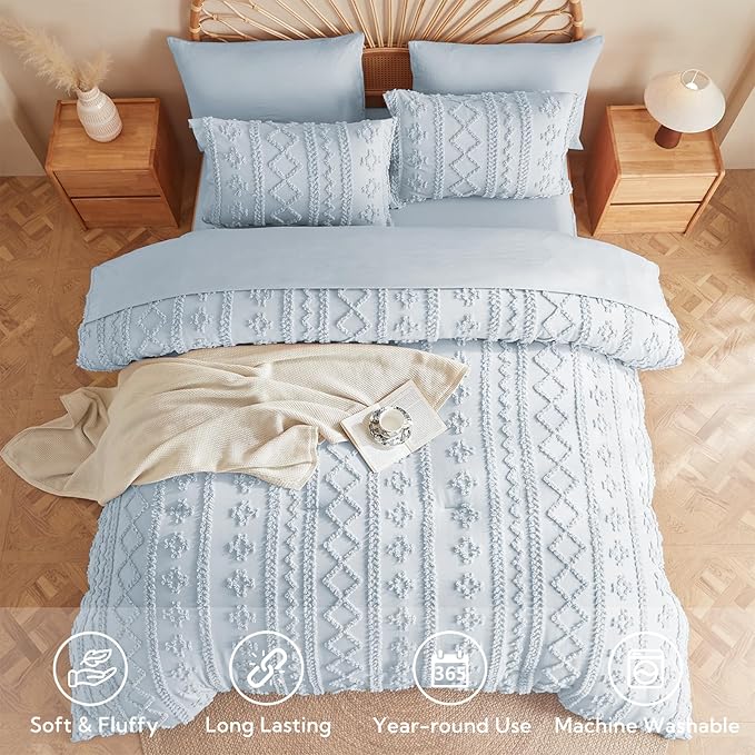 MR&HM Twin XL Comforter Set Dusty Blue, 5 Pieces Bedding Set, Farmhouse Shabby Chic Bed in a Bag with 1 Comforter, 1 Pillow Shams, 1 Pillowcases, 1 Flat Sheet, 1 Fitted Sheet for College Dorm