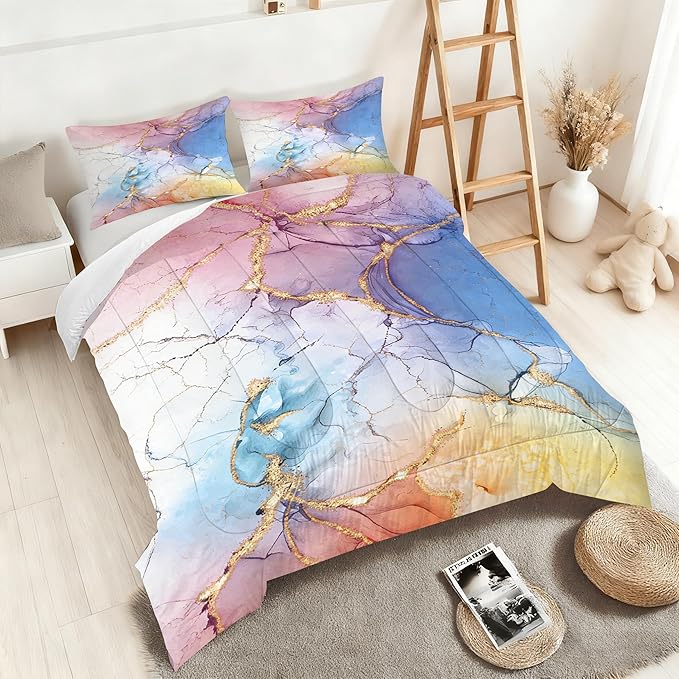 Pastel Marble Bedding Set Full Size Watercolor Abstract Marbled Comforter Set for Kids Girls Teen Pink Blue Yellow Gold Bed Set Colorful Elegant Marble Quilt Set with 1 Comforter + 2 Pillowcases