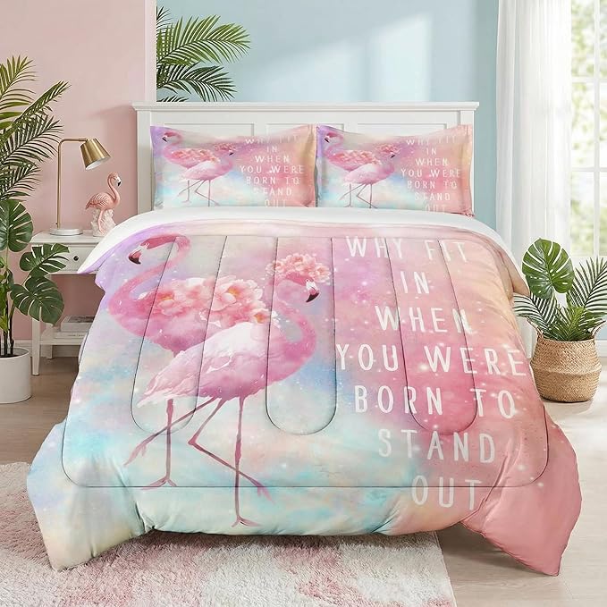 Full Size Comforter Set with 2 Pillowcases, Pink Summer Flamingo Flower 3 Pcs Bedding for Kids and Adults, Rainbow Colorful Animal Soft Comforter Set for Bedroom Bed Decor