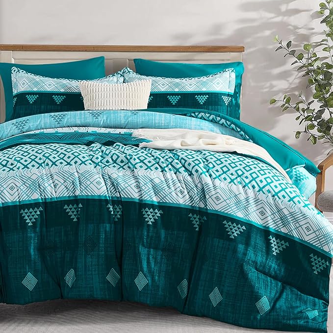 Xruibed Teal Queen Comforter Set 7 Pieces, Boho Striped Bed in a Bag Queen Size Soft Microfiber All Season Bedding Set with Comforter, Sheets, Pillowcases & Shams(90"×90")