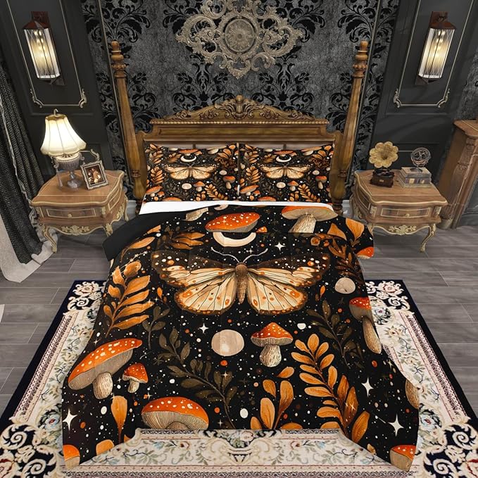 Erosebridal Orange Mushroom Comforter Set Full, Gothic Moth Bedding Set for Kids Boys Girls Adults Gothic Bedroom Decor, Butterfly Vintage Plants Comforter, Moon and Starry Star Black Quilt