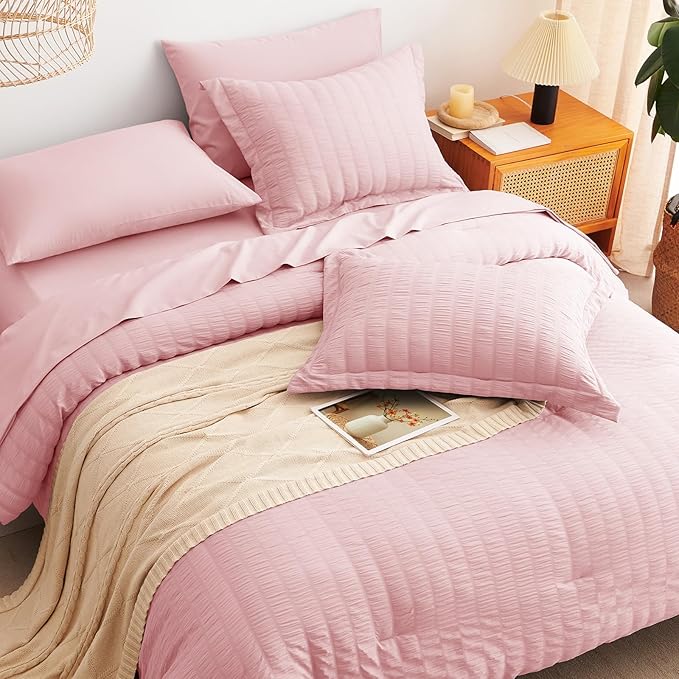 CozyLux Queen Comforter Set Pink Seersucker 7 Pieces Bed in a Bag Queen Comforter Set with Sheets, Luxury Soft Bedding Set with Down Alternative Comforter, Sheets, Pillowcases & Shams All Seasons