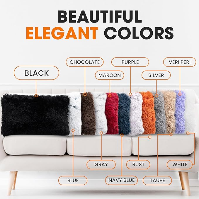 Cheer Collection Throw Pillows for Couch and Bed, Soft Shaggy Throw Pillows with Inserts Included, Cozy Long Hair Faux Fur Pillows - Set of 2-12" x 20" - Black