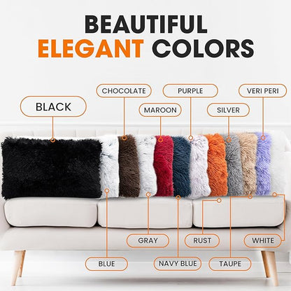 Cheer Collection Throw Pillows for Couch and Bed, Soft Shaggy Throw Pillows with Inserts Included, Cozy Long Hair Faux Fur Pillows - Set of 2-12" x 20" - Black