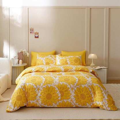 CLOTHKNOW Yellow White Sunflower King Size Comforter Set 3Pcs Floral Bedding Comforter Sets Boho Comforter Women Girls Comforter with 2 x Pillow Cases