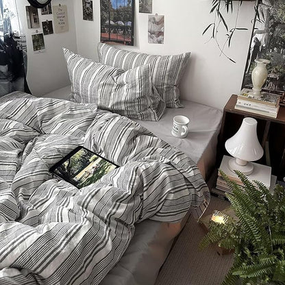 mixinni Vintage Grey & White Striped Comforter Set King Size - Soft Washed Cotton 3-Piece Neutral Bedding Set, Retro Geometric Pattern, All-Season Breathable & Fluffy for Men, Boys