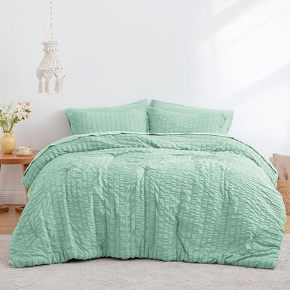 Love's cabin Seersucker Light Green Twin Comforter Set, 5-Piece All Season Lightweight Bed in a Bag Bedding Set with Comforter, Flat Sheet, Fitted Sheet, Pillowcase and Sham | Soft, Breathable, Lightweight