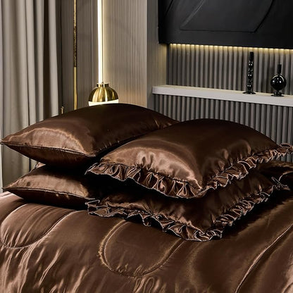 Silky Comforter Set with Sheet Set Queen 8 Pcs Borwn Bed in a Bag Dark Coffee Bedding Set Silk Like Satin Ruffle Home Deocr Sexy Hotel Silky Bed Set with 1 Cushion Cover