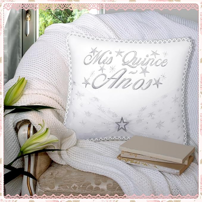 Quinceañera Pillow 13 x 16 Inches White 15th Birthday Lace Pillows with Pillowcase Quinceanera Gift Decoration for Girls Chairs Sofas Ceremony Souvenir
