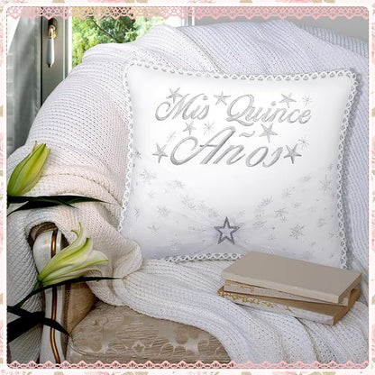 Quinceañera Pillow 13 x 16 Inches White 15th Birthday Lace Pillows with Pillowcase Quinceanera Gift Decoration for Girls Chairs Sofas Ceremony Souvenir