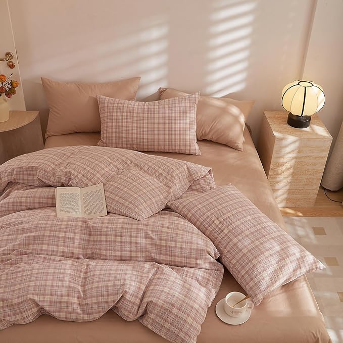 HighBuy Pink Gingham Comforter Set Full Cute Grid Plaid Comforter Set 3 Pieces Checkered Gingham Comforter with 2 Pillowcases for Boys Girls Soft Fluffy Bedding Set Farmhouse
