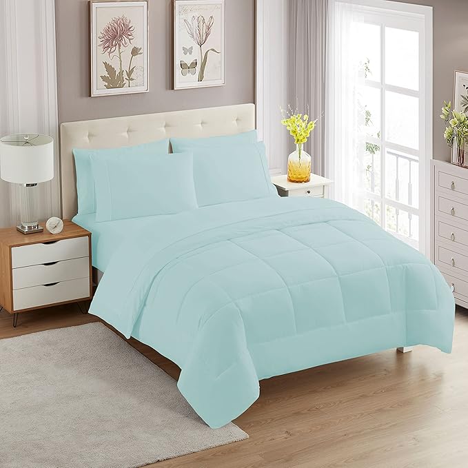 King Size Comforter Set with Sheets - 7-Piece Bedding Collection - 1 Comforter, 1 Fitted Sheet, 1 Flat, 4 Pillowcases - Deep Pocket - Soft & Breathable Premium Quality - Ideal for All Seasons, Aqua