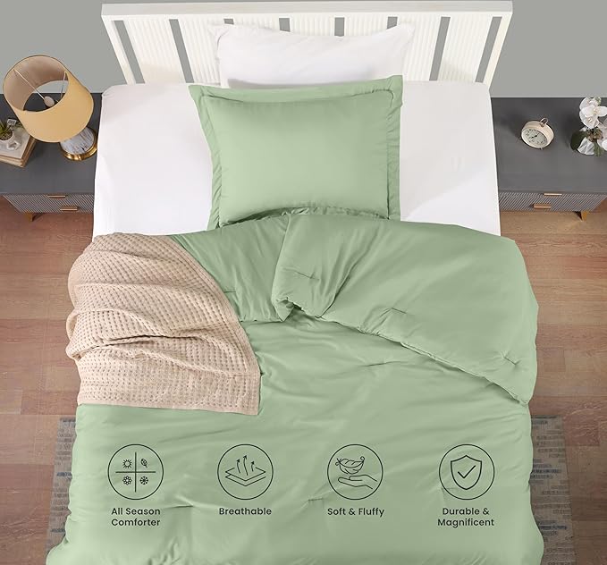 Twin Comforter Set 2 Piece Sage Green by Utopia Bedding, Comforters Twin Size, Bedding Comforters Sets, Down Alternative Soft Bed Set, 1 Comforter (64 x 88 inches) 1 Pillow Shams (20 x 26 inches)