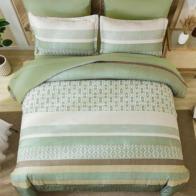 DJY Boho Comforter Set Queen Size,Sage Green Striped Bedding Sets,7 Pieces Bed in a Bag Patchwork Soft Microfiber Bedding Set for All Season(90"×90")