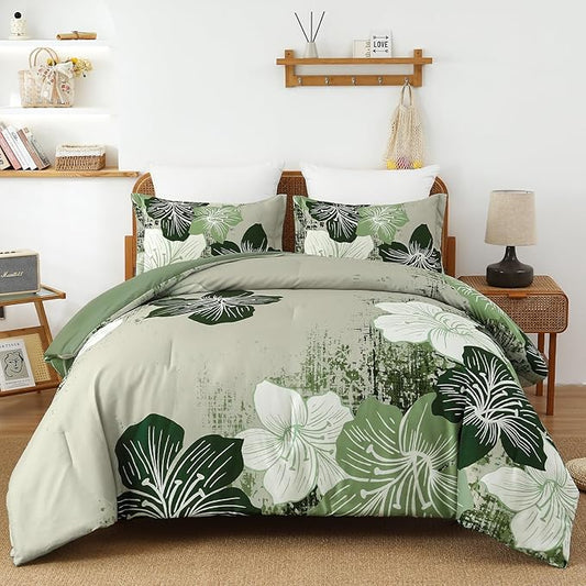 Menghomeus Floral Comforter Set King Ombre Green Bedding Lightweight Microfiber Bed Comforter for All Season, 3 Piece Flowers Comforter with 2 Pillowcases