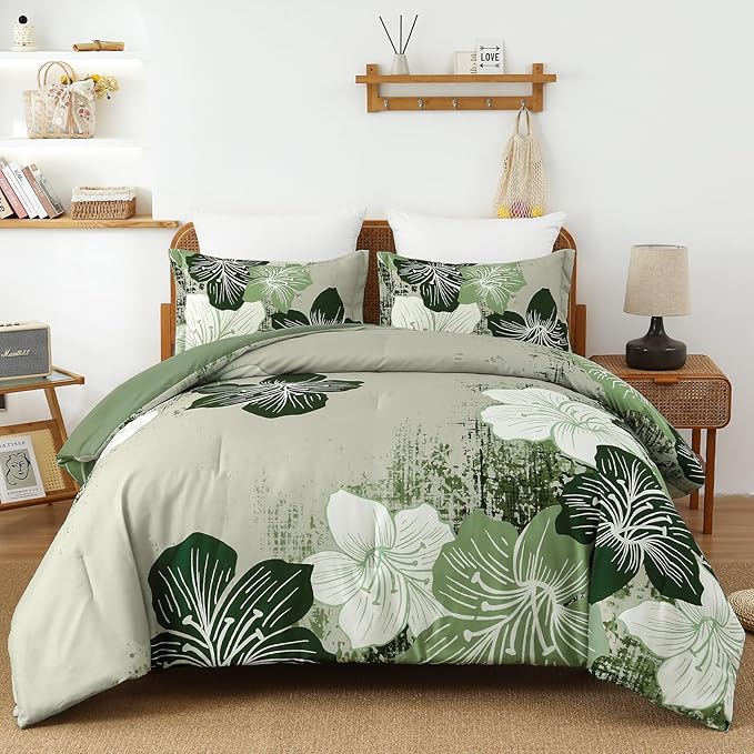 Menghomeus Floral Comforter Set Queen Ombre Green Bedding Lightweight Microfiber Bed Comforter for All Season, 3 Piece Flowers Comforter with 2 Pillowcases