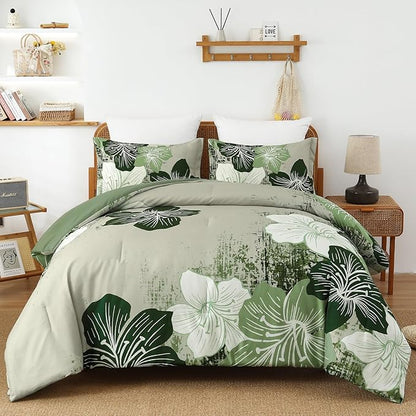 Menghomeus Floral Comforter Set Queen Ombre Green Bedding Lightweight Microfiber Bed Comforter for All Season, 3 Piece Flowers Comforter with 2 Pillowcases