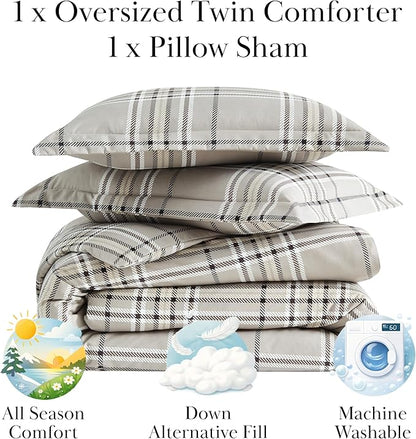 Southshore Fine Living, Inc. 2-Piece Twin Size Comforter Set, Down Alternative Comforter, Double Brushed Microfiber Fabric, Lightweight Coverlet Matching Room Décor, XL/Twin Bedding Sets, Mocha Plaid