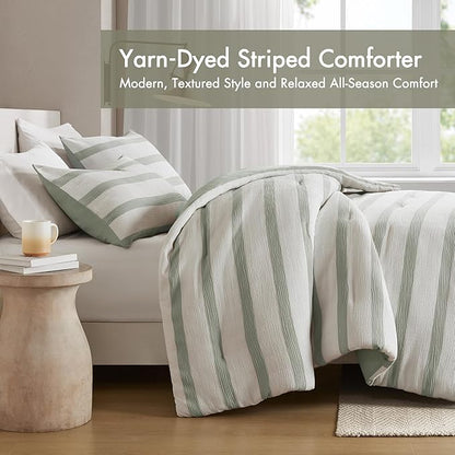 Madison Park Essentials Striped Comforter Set Twin Size, Yarn-Dyed Reversible Comforter with Minimalist Stripes, Crinkled Texture Bedding Set for All-Season Lightweight Warmth, Merritt Sage Green